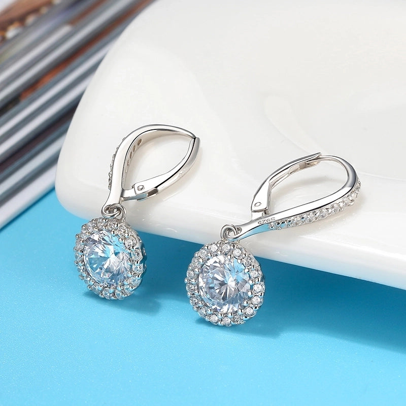 1 Pair 925 Sterling Silver Zircon Round Drop Earrings