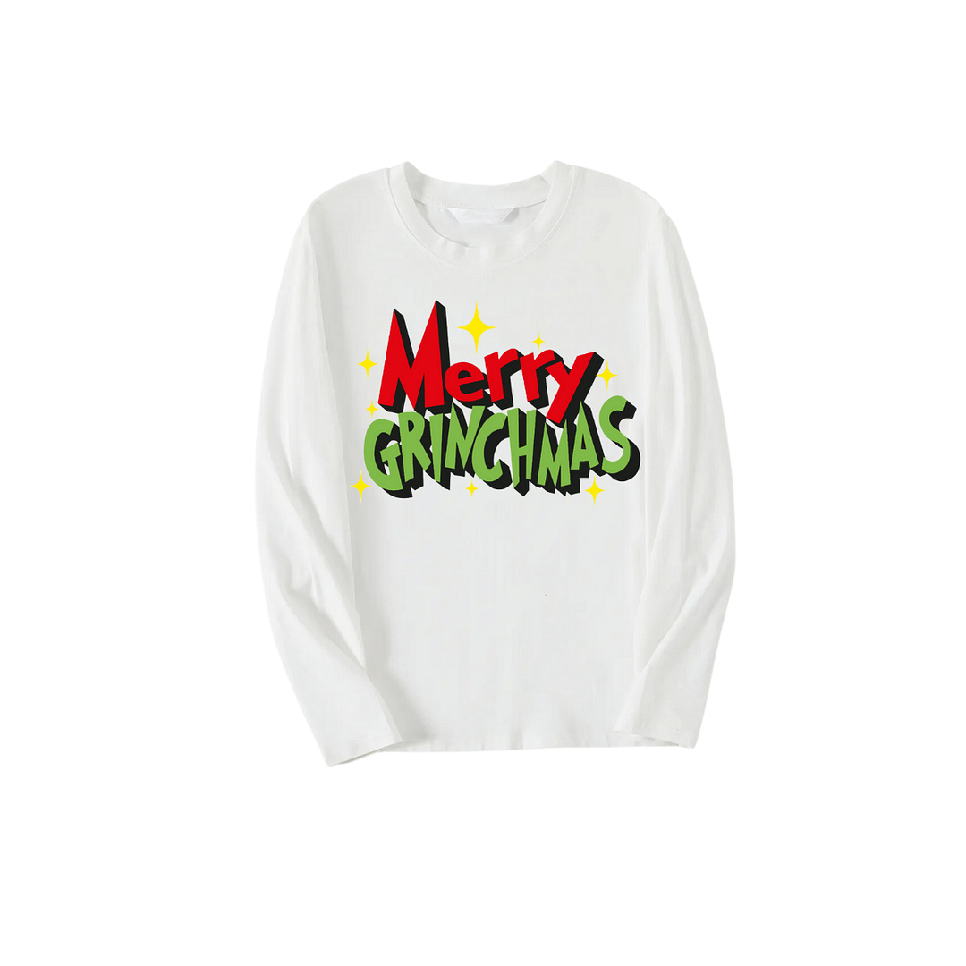 Christmas Merry Grinchmas Letter Printed White Long Sleeve Top with Red & White &Green Plaid Pants Family Matching Pajamas