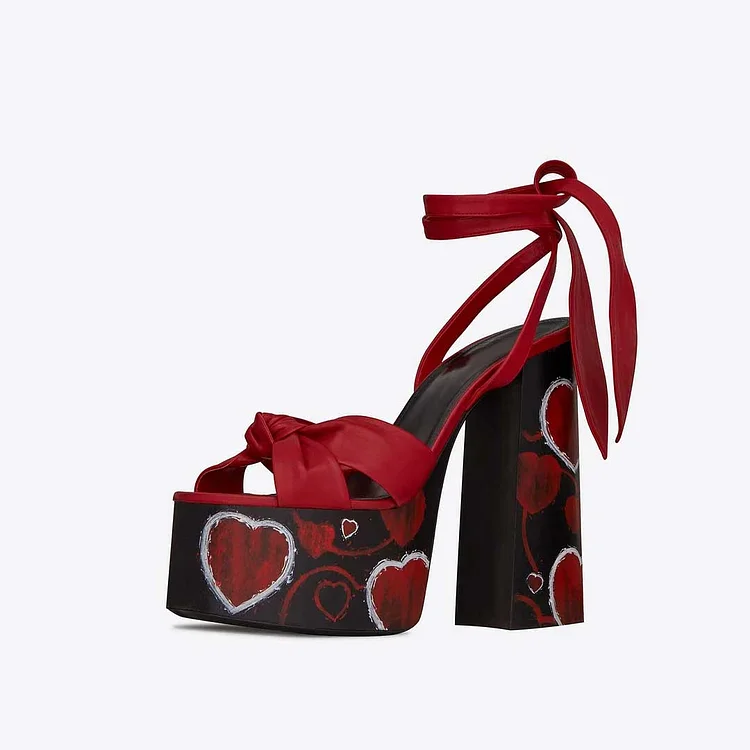Custom Made Red Heart Print Tie up Chunky Heel Sandals With Platform |FSJ Shoes