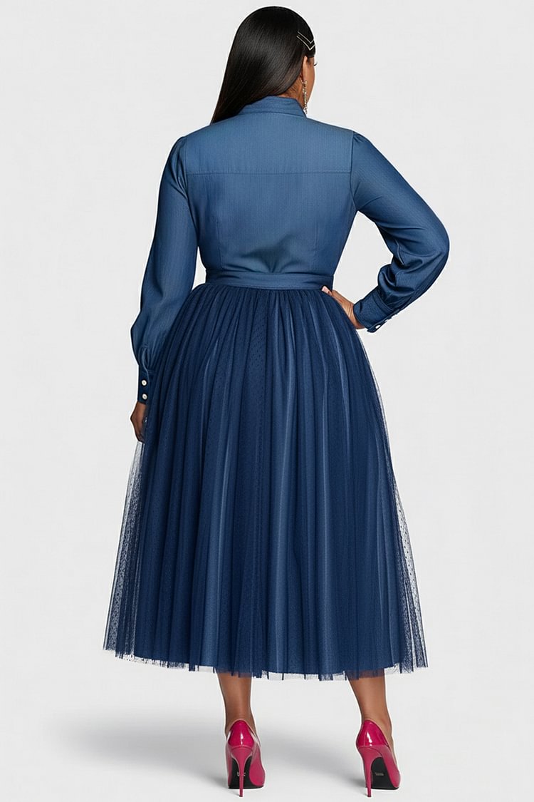 Xpluswear Design Plus Size Business Casual Tulle Blue Long Sleeve Contrast Elegant Bow Tie Tencel Denim Midi Dresses [Pre-Order]