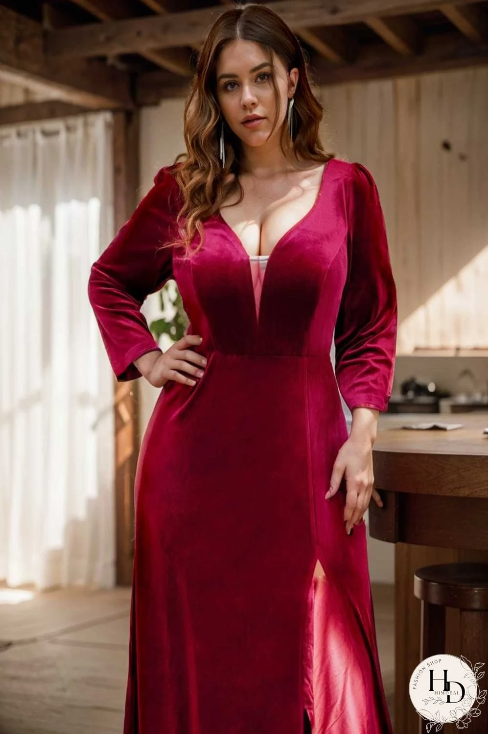 velvet 3 4 length sleeve illusion v neck front slit evening dress