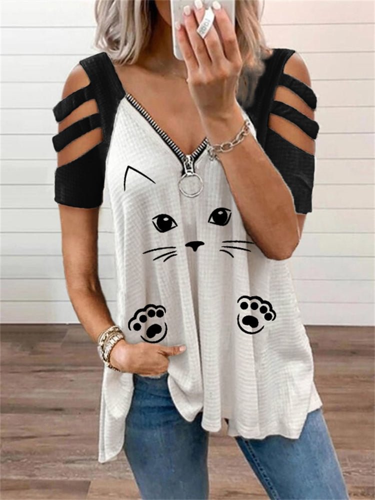Artwishers Lovely Cat Contrast Color Hollow Shoulder T Shirt socialshop