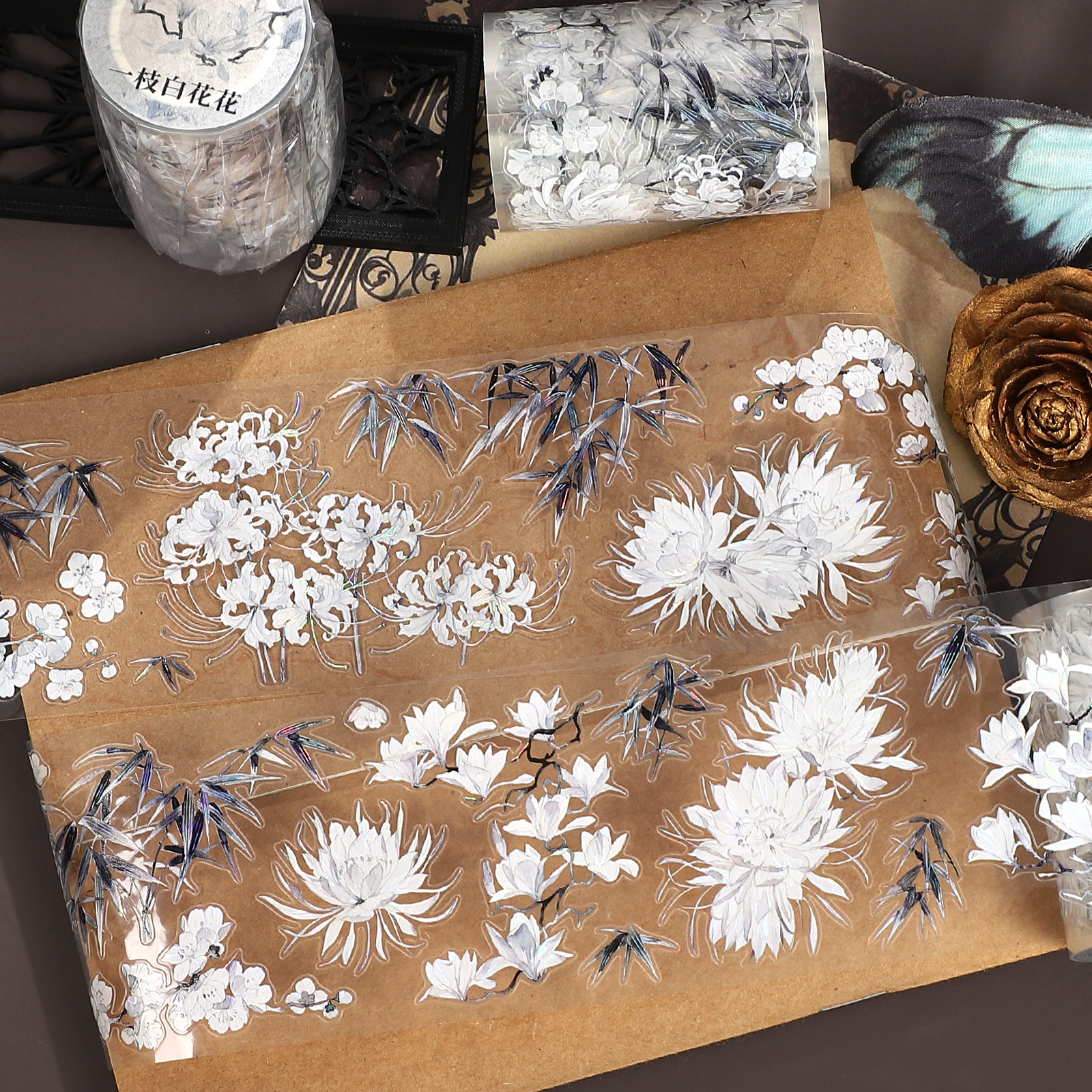 PET 테이프 - 빈티지 화이트 꽃 가지