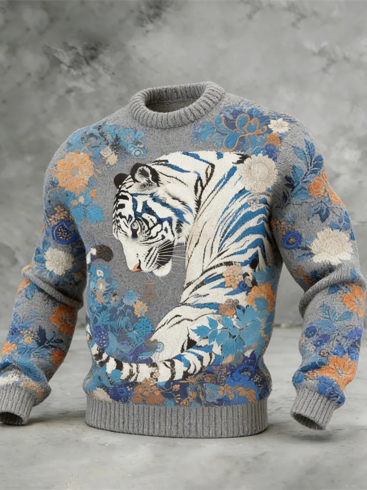 Japanese White Tiger Totem Men's Cozy Sweater