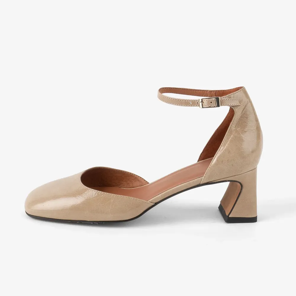 Fashion Square Toe Chunky Heel Ankle Strap Pumps Shoes in Nude