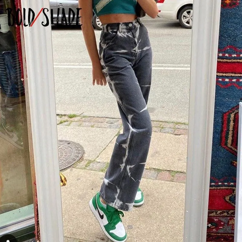Bold Shade Grunge Streetwear Fashion Indie Jeans Tie Dye Skater Denim Pants Boyfriend Jeans 90s Teen Girls Style Y2K Bottom Fall