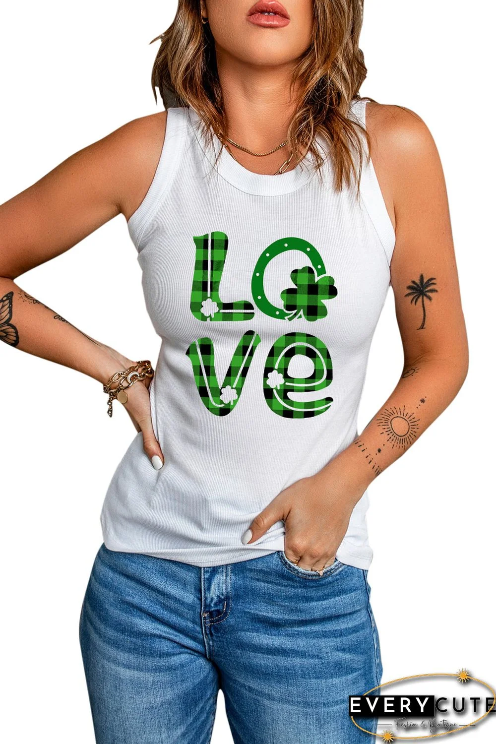 White LOVE Plaid Clover Print Ribbed Crew Neck Tank Top