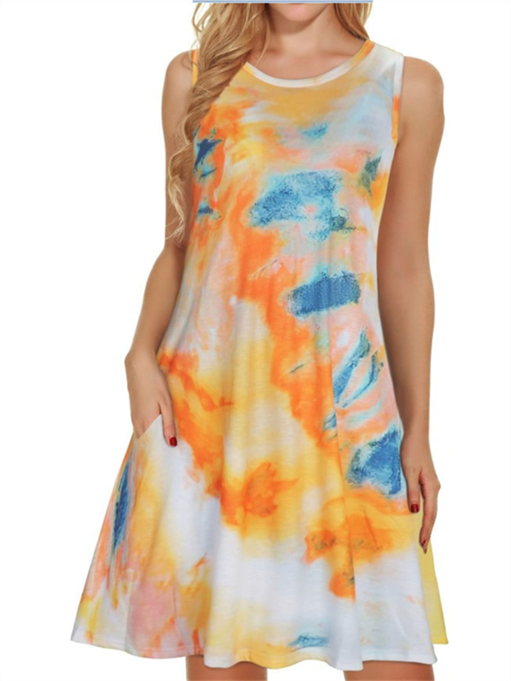 Summer New Irregular Print Sleeveless Sheath Elements Printed Pockets Swing Round Neck Tank Dress A Dress