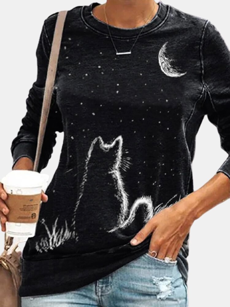 Cat Print Long Sleeve O neck Casual T Shirt For Women P1778087