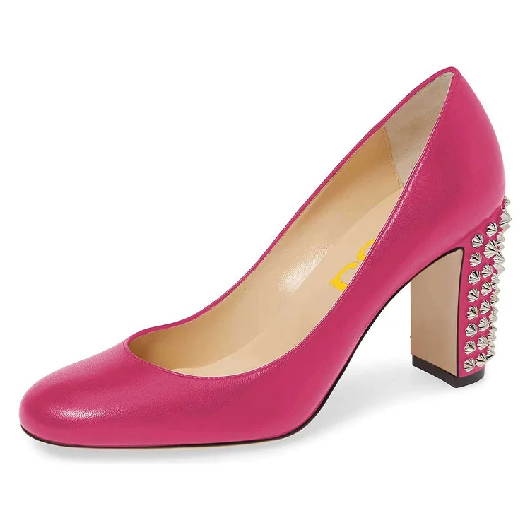 Pink Chunky Heels Pumps with Studs |FSJ Shoes
