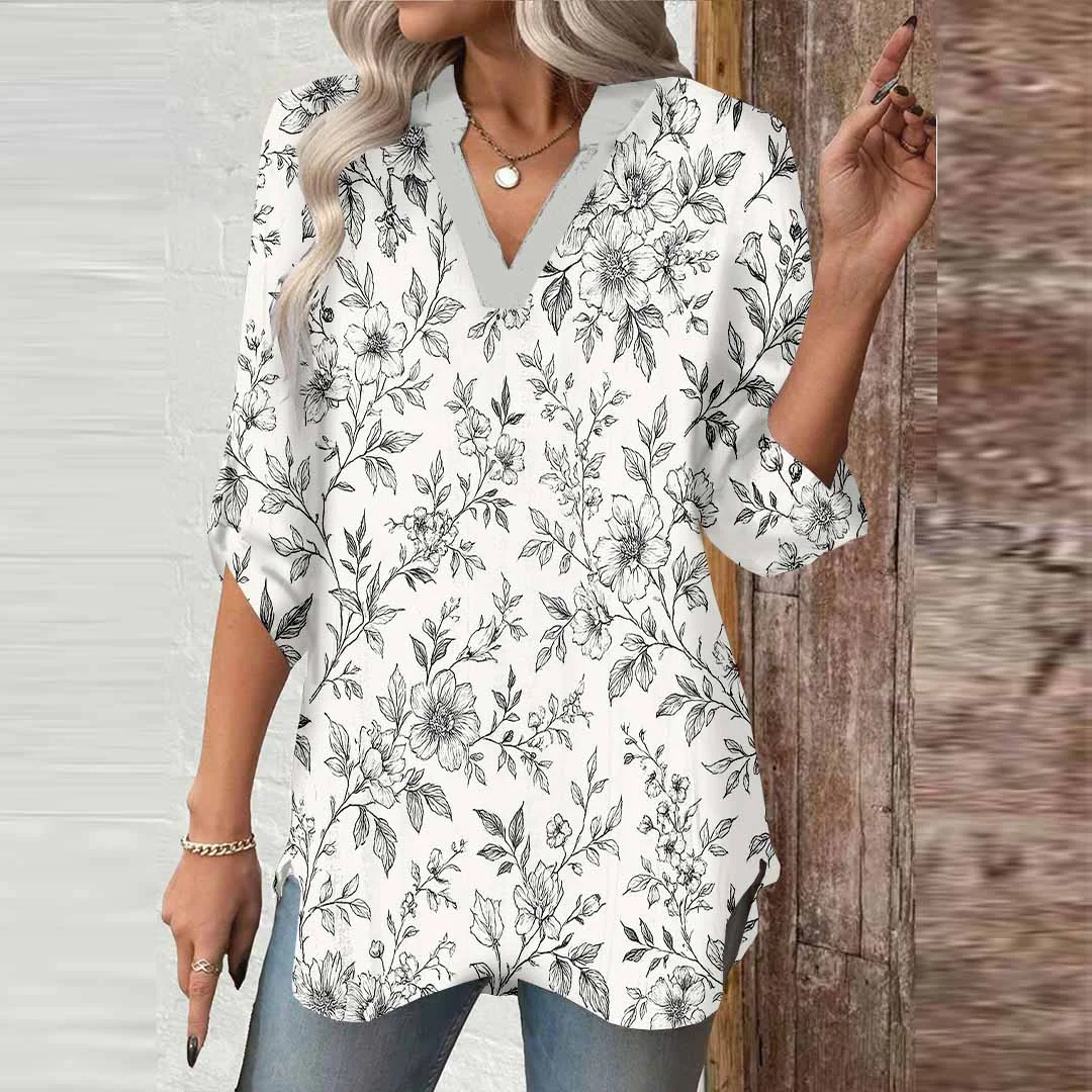 Women Leaves,  Black,  Beige DZGA0437 3/4 Sleeve V-neck Printed Graphic Button Tops
