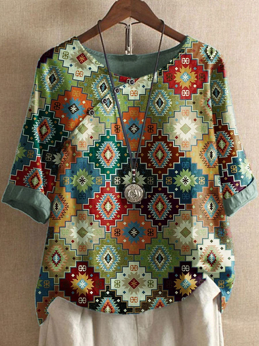 Women's Pixel Floral Digital Printing Round Neck Short Sleeve Top with Slash Neck