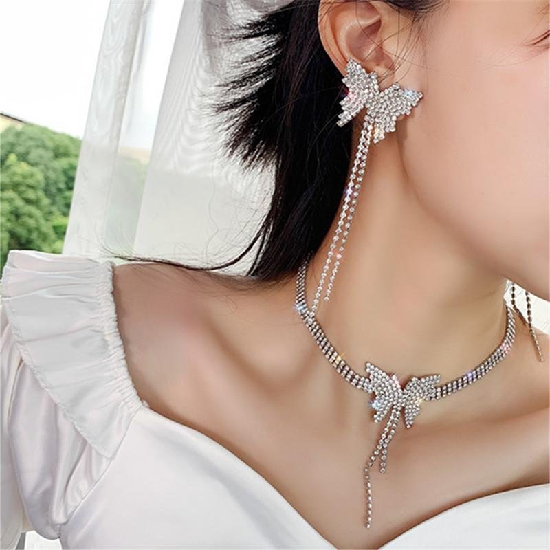 Butterfly Crystal Choker Tassel Rhinestone Necklaces-VESSFUL