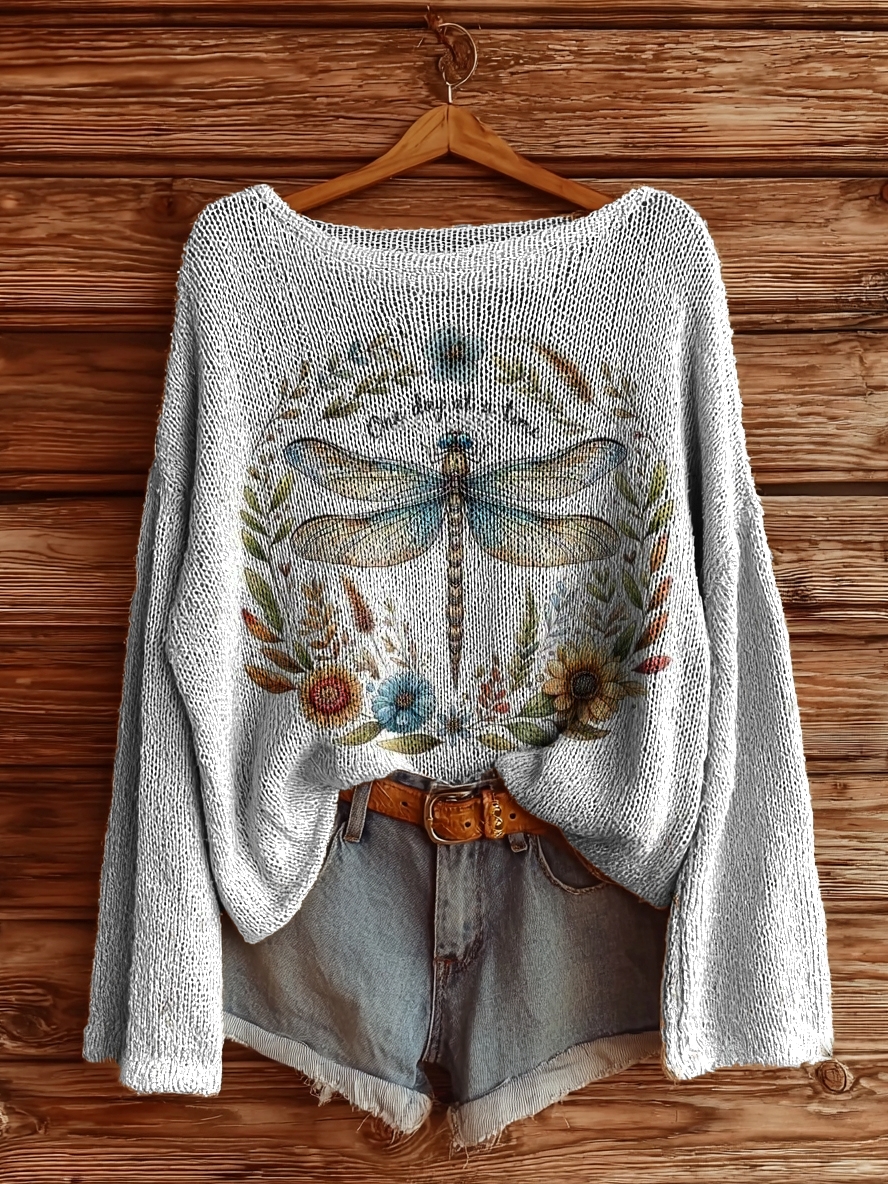 Women's Dragonfly Floral Art Print Casual Pullover Sweater