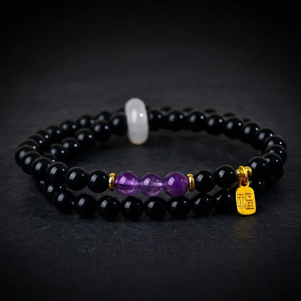 Serene Wisdom | Double-Strand Obsidian & Amethyst Bracelet Mystic Amethyst & Obsidian - Double Strand (6mm)