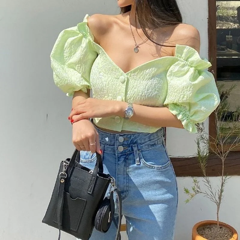 Summer sweet beauty style blouse bubble sleeve fashion casual loose blouse Korean style torticollis sexy shirt folds Mujer 15368