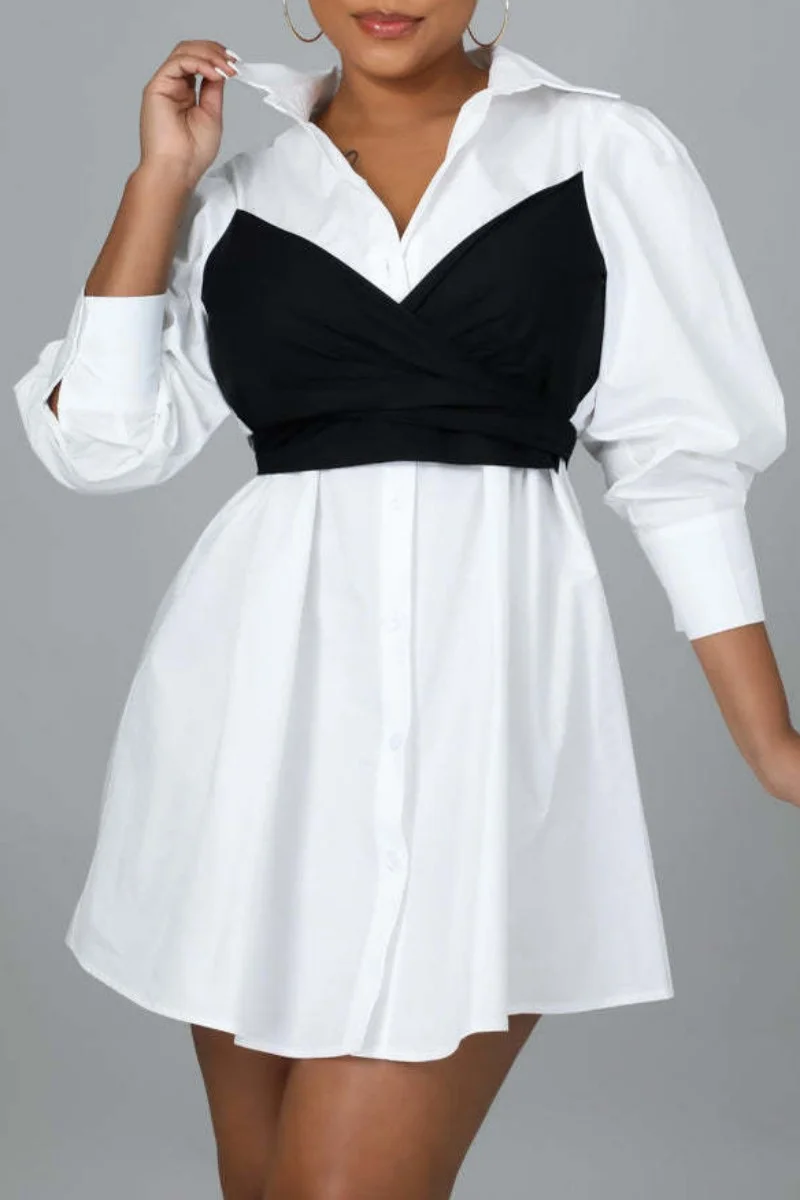 Black Casual Patchwork Contrast Turndown Collar Shirt Dress Dresses