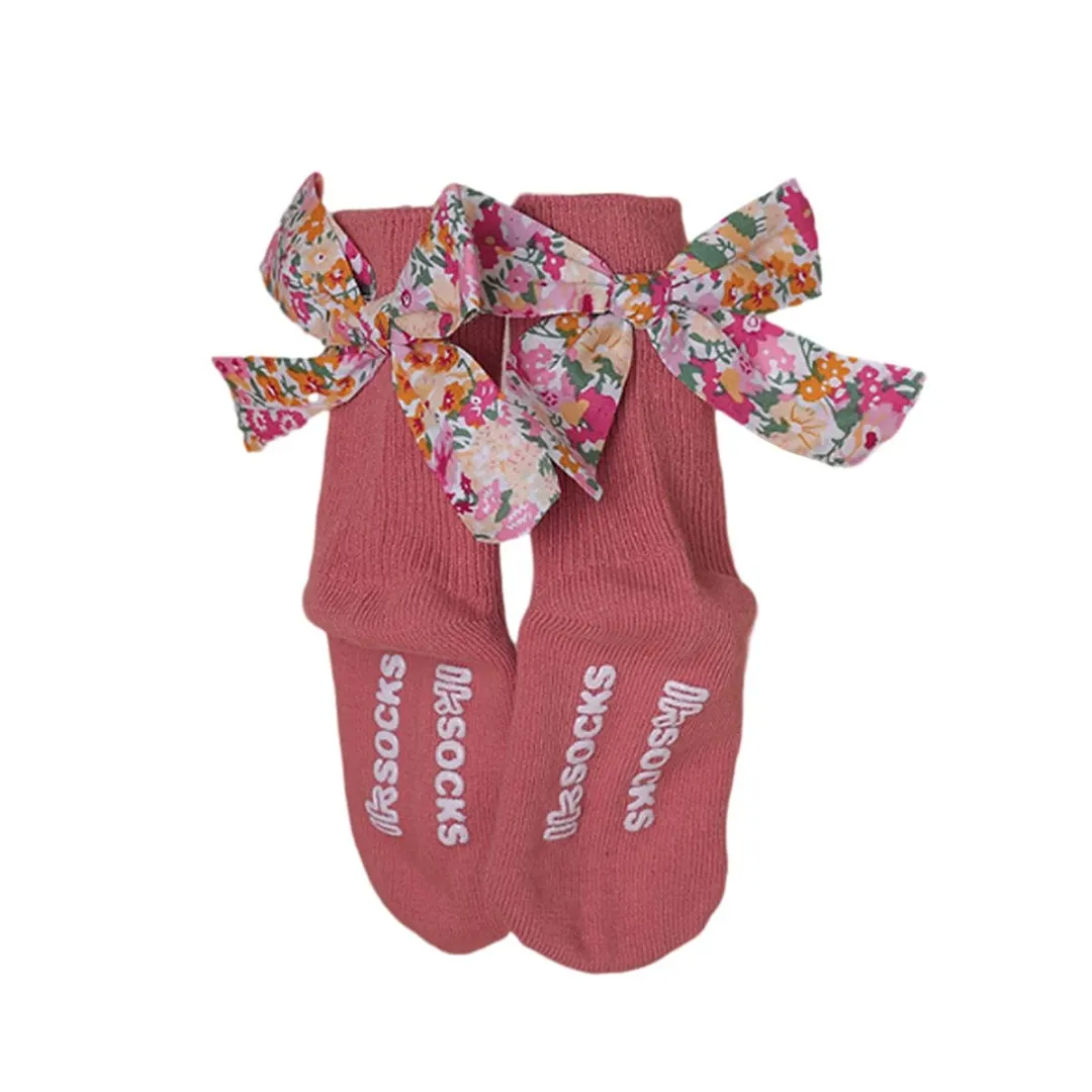 Infant Girls Cute Ribbed Socks Letter Printing Floral Bow Decoration Knitted Warm Non-Slip Breathable Socks 0-5Years