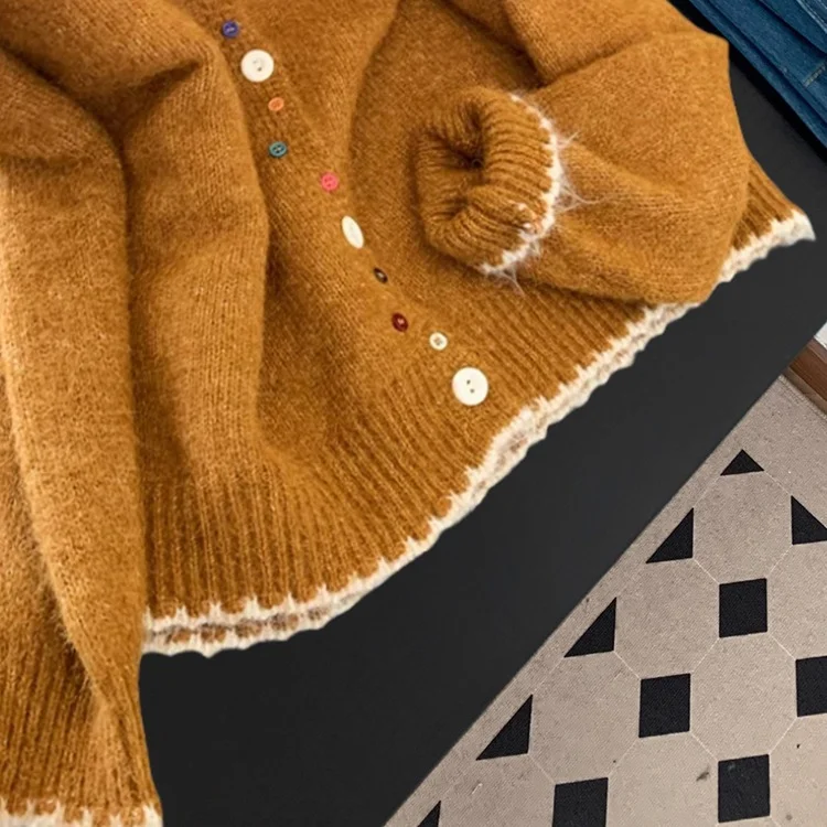 Athvotar Athvotar Retro Wavy Collar Color Button Design Knitted Cardigan Women Loose Soft-Creative Sweater Jacket Autumn