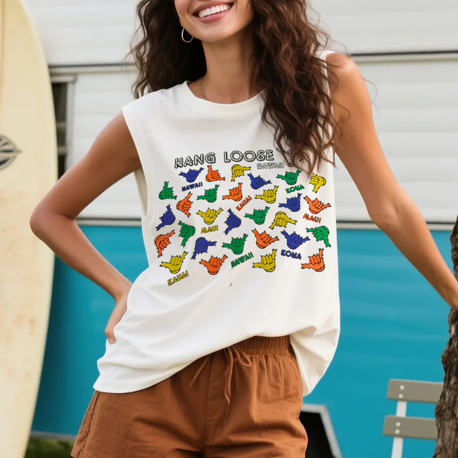Unisex Street Casual Loose Round Neck Cotton Sleeveless T-shirt Hawaii Print Top