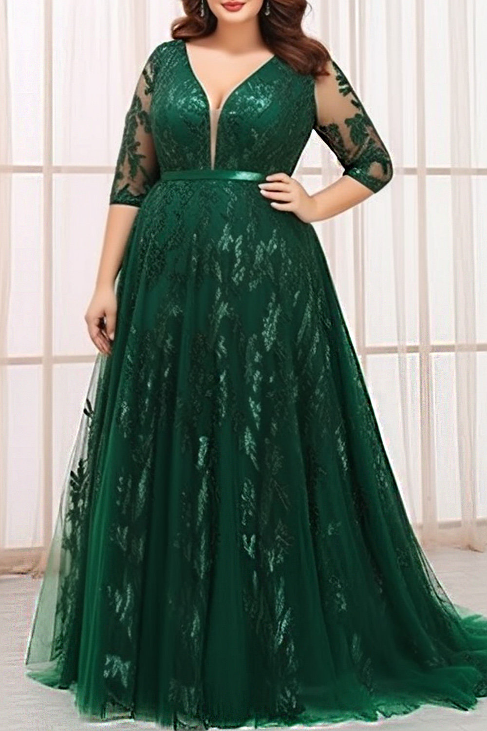 Flycurvy Plus Size Mother Of The Bride Green Lace Embroidery Mesh Deep V Neck 3/4 Sleeve Empire Waist Tunic Maxi Dress