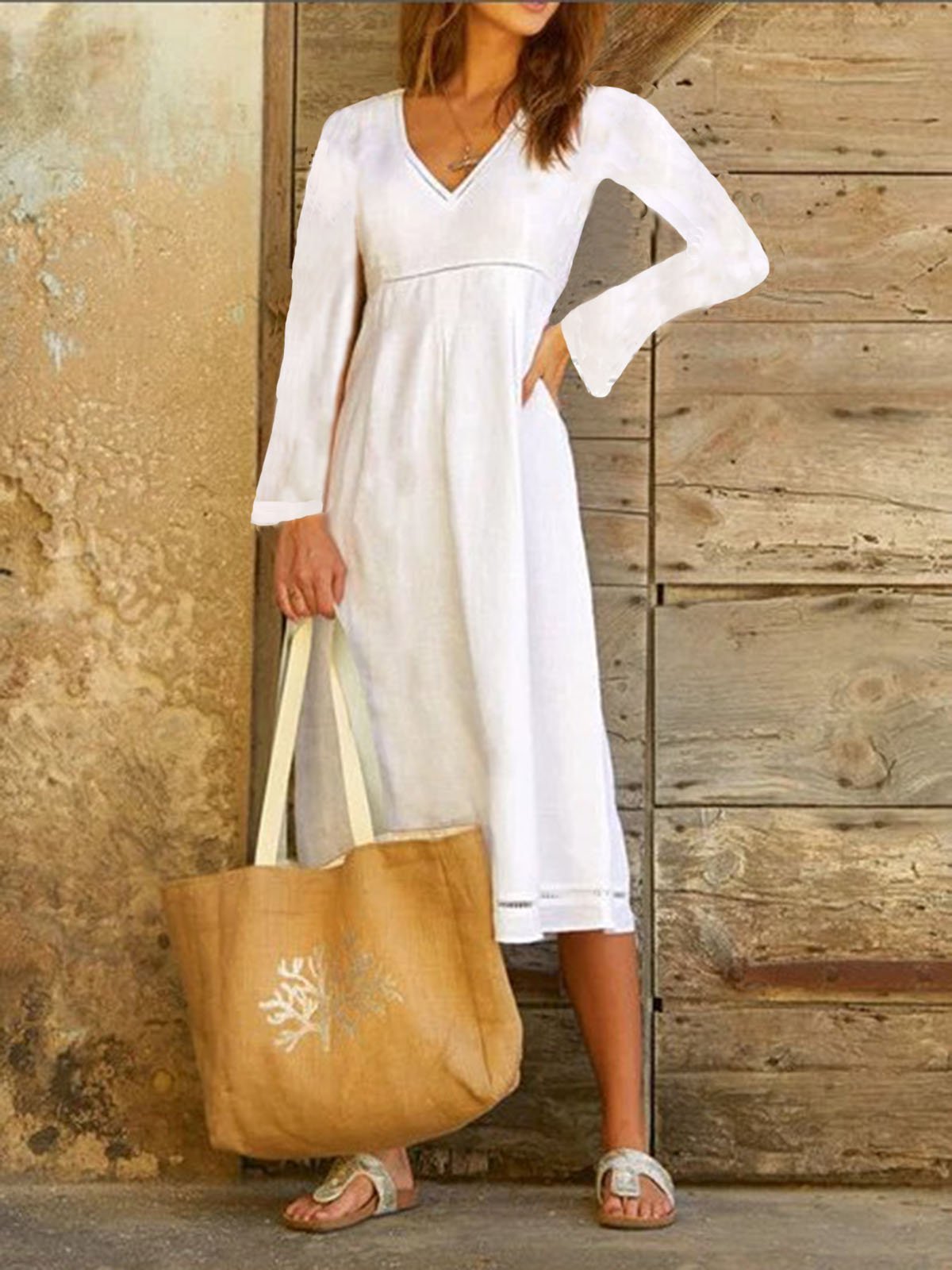 White Cotton-Blend Casual Dresses