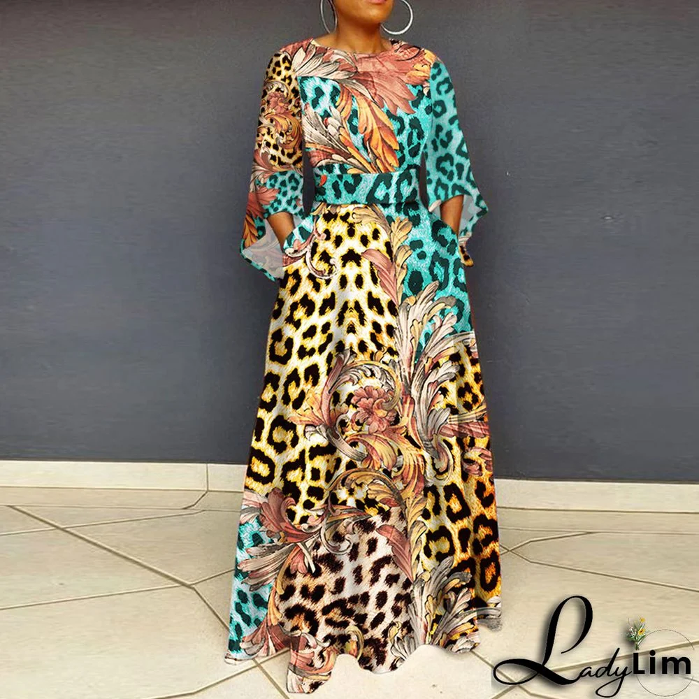 Printed Slim Mid Waist Loose Maxi Dress Clubwear