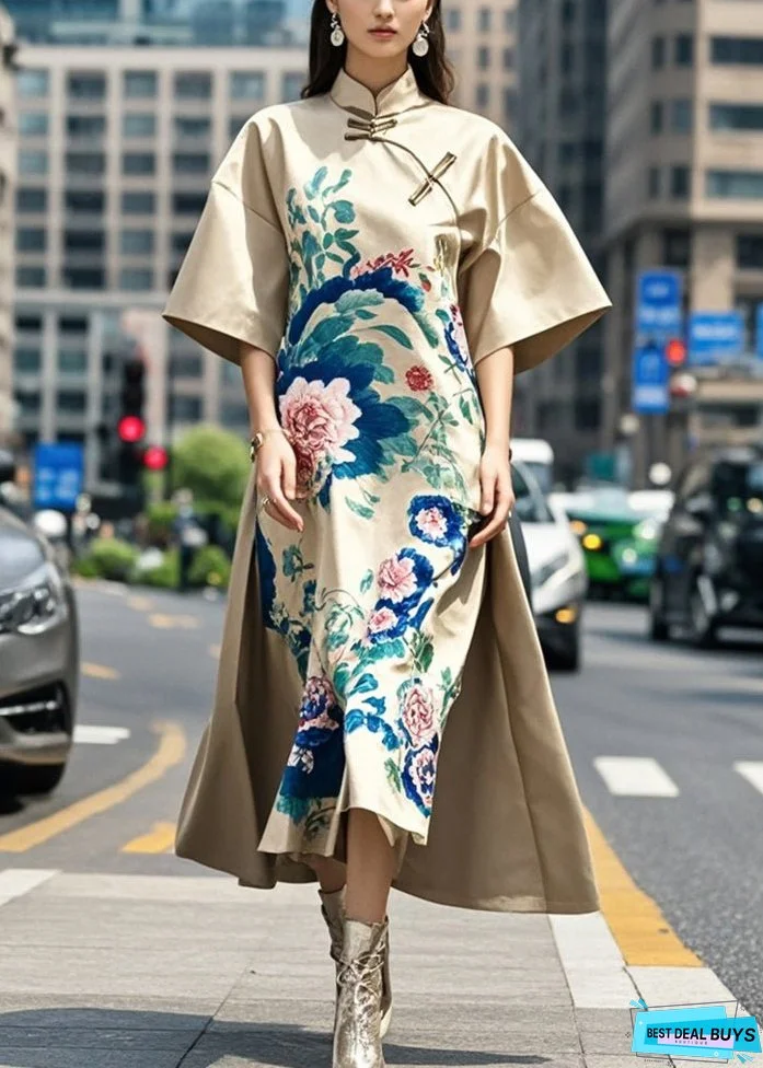 Original Design Khaki Mandarin Collar Print Silk A Line Dress Fall