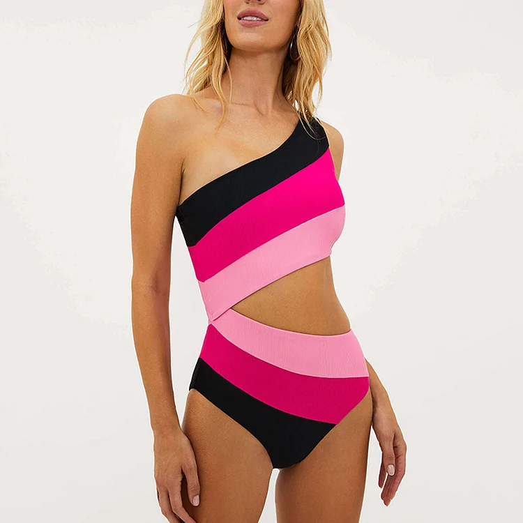 Contrasting Colors Hollow One Piece Swimsuit 