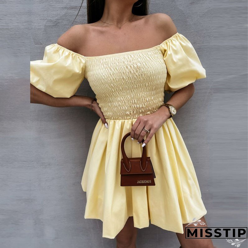 Women Elegant Puff Sleeve Mini Dress Sexy Off Shoulder Solid Party Dress Summer Sweet Lady Elastic Waist Beach Dresses Vestidos