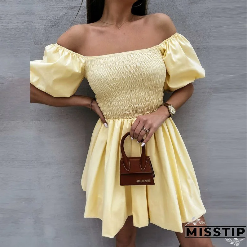 Women Elegant Puff Sleeve Mini Dress Sexy Off Shoulder Solid Party Dress Summer Sweet Lady Elastic Waist Beach Dresses Vestidos