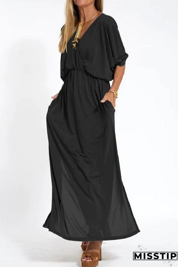 Ultimate Comfort Elastic Waist Half Sleeve Pocketed Slit Maxi Dress