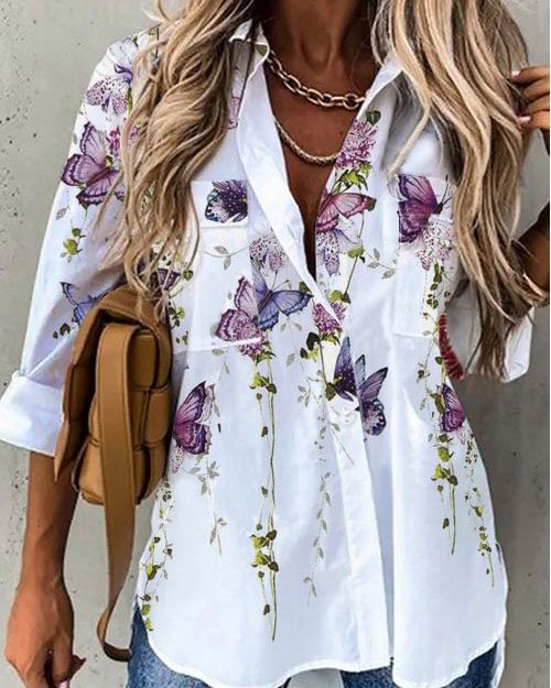 Shirt Collar Casual 3/4 Sleeve Floral Shirts & Tops