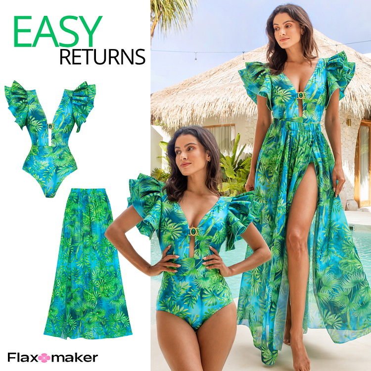 Ruffled Jungle Green Print One Piece Swimsuit and Skirt