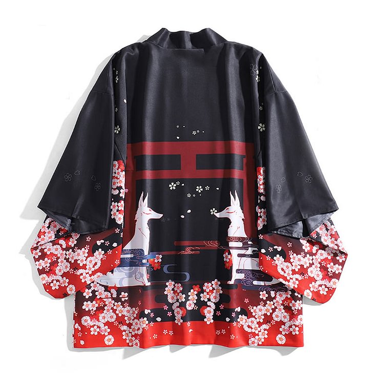Fox Sakura Print Loose Cardigan Kimono Outerwear - Modakawa Modakawa