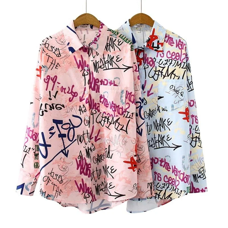 Graffiti Print Blouse Women Autumn Turn-down Collar Long Sleeve Plus Size Office Elegant Ladies Shirts Casual Tops And Blouses