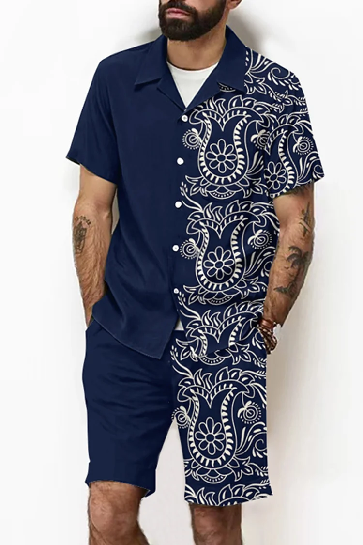 Cuba Collar Men's Holiday Casual Short Sleeve Shirt And Short Co-Ord