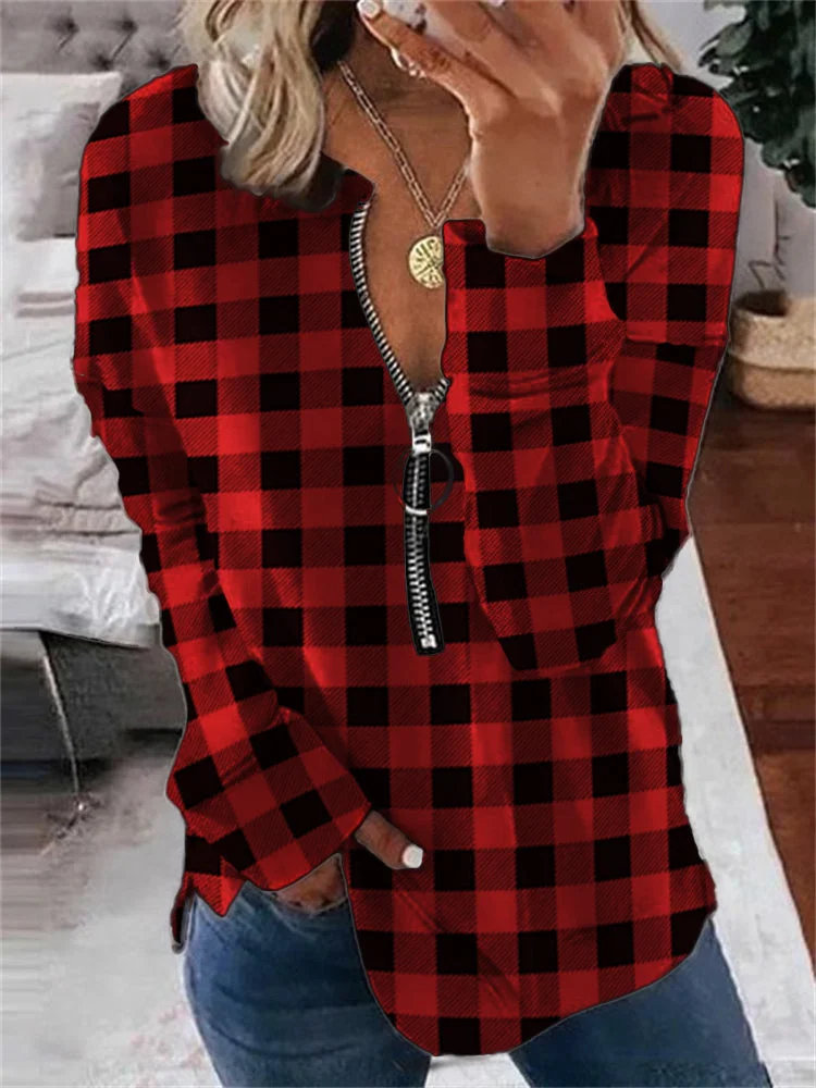 VChics Western Christmas Check Zip Up Sweatshirt