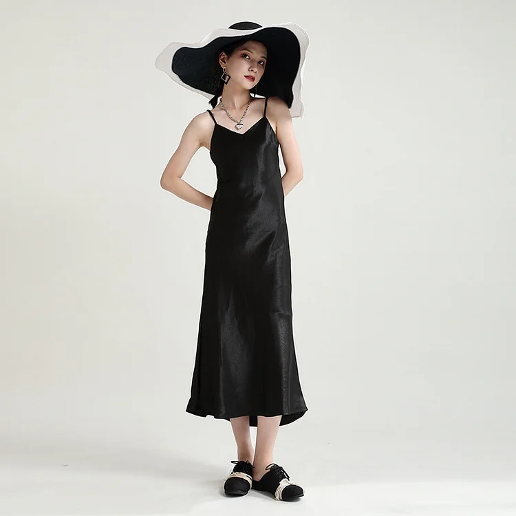 Irregular Solid Color Strap Midi Dress