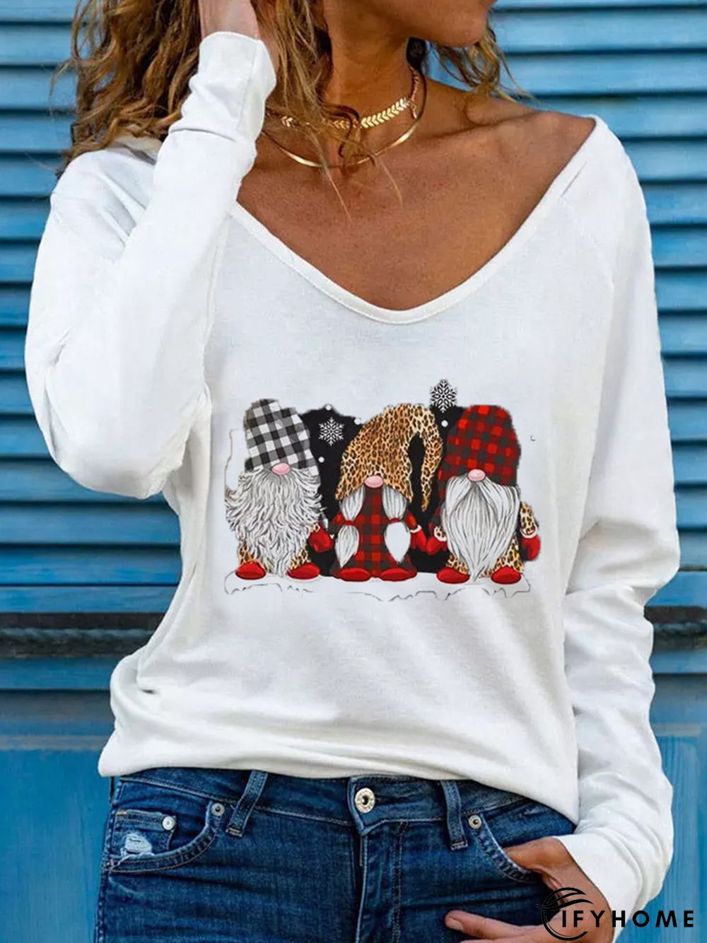 V Neck Casual Christmas Snowman T-shirt | IFYHOME