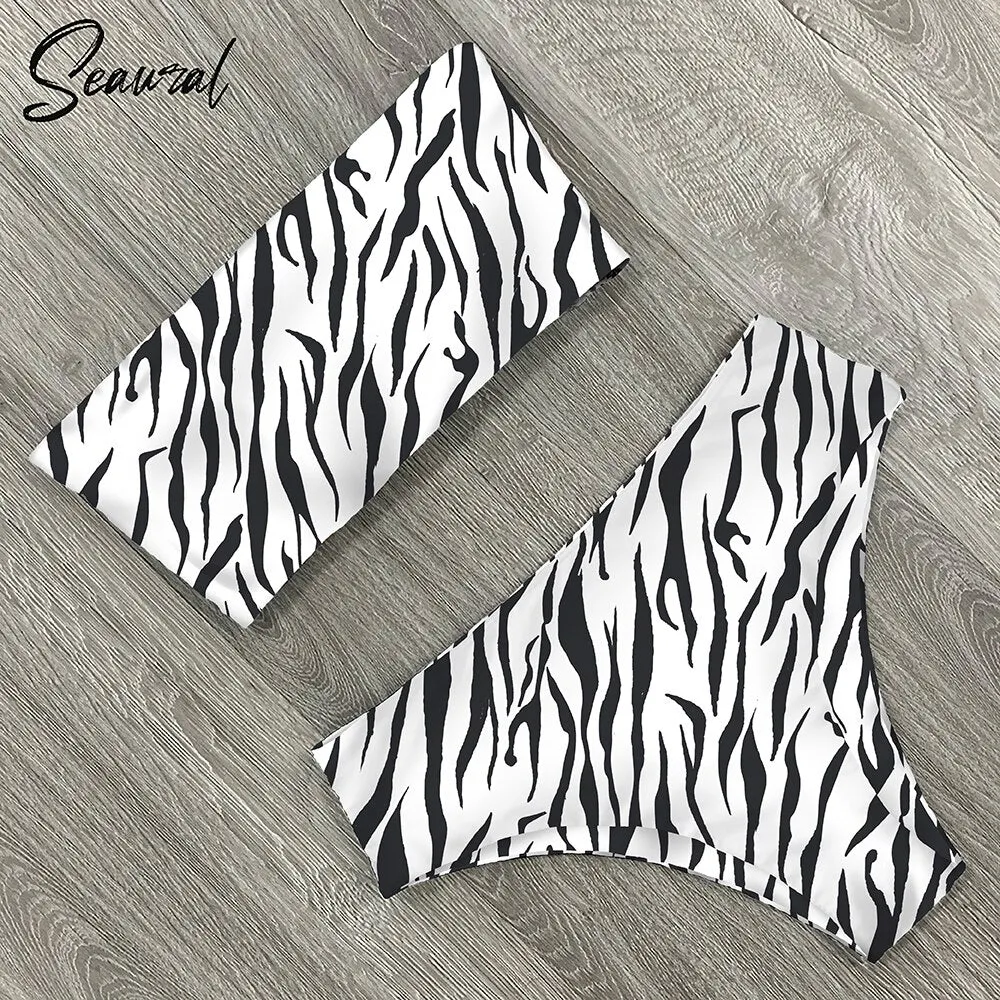 2020 New Sexy Low Hight Bikini Set Swimwear Women Bandeau Female Print Floral Strappy Swimsuit Bathing Suit Beach Wear Biquini