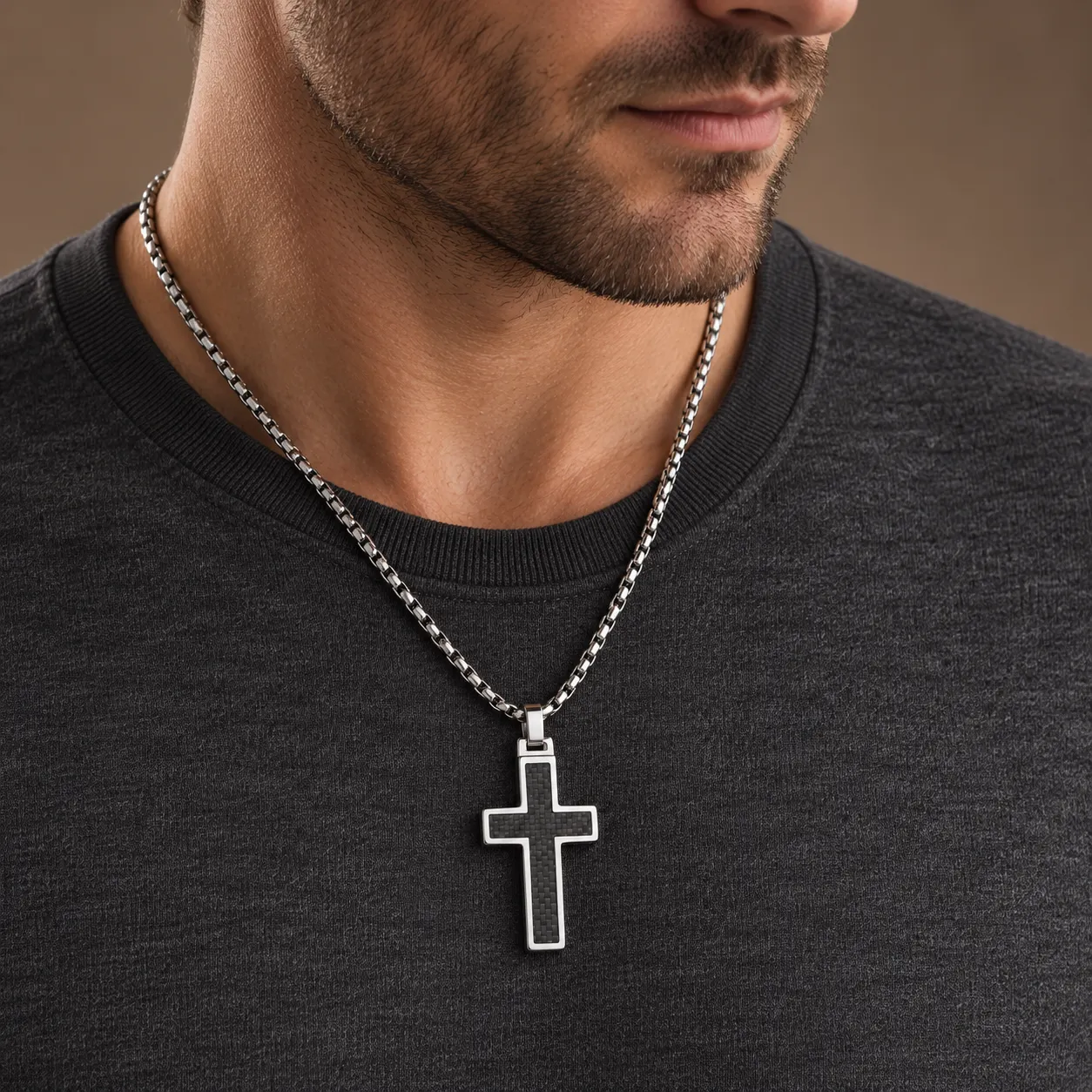  Tungsten Carbide Cross Pendant Necklace with Black Carbon Fiber Inlay and Two Chains