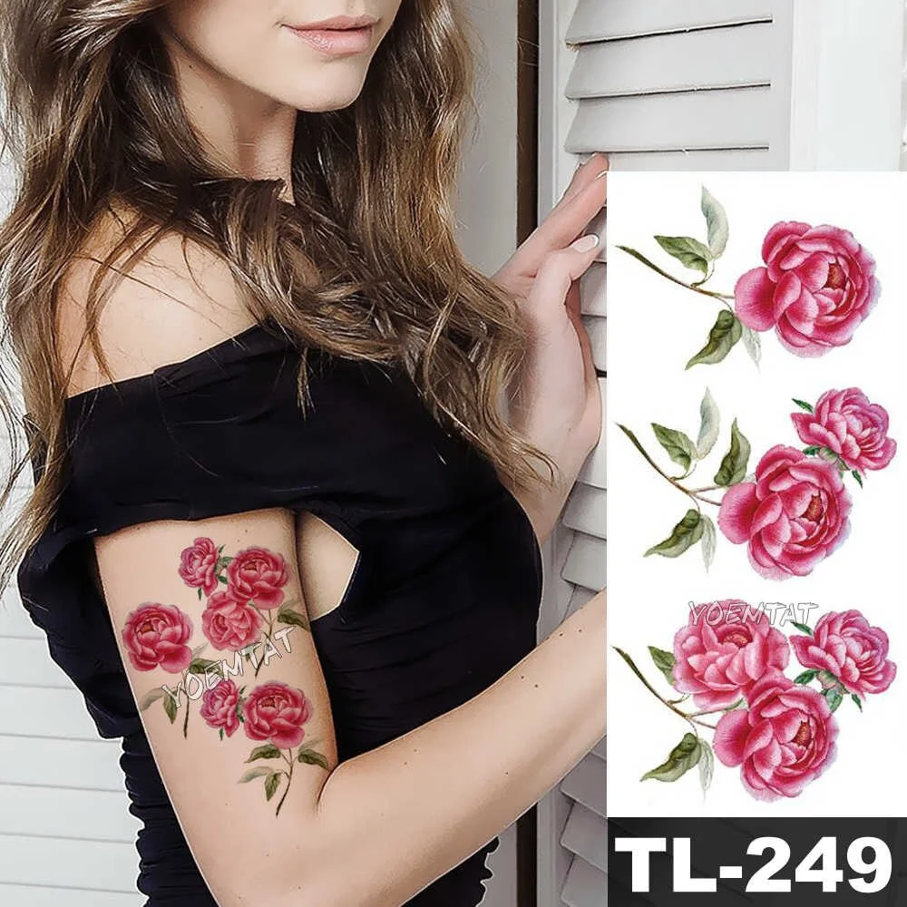 Sdrawing Watercolor Rose Lily Flower Waterproof Tattoo Stickers Women Body Chest Art Temporary Tatto Girl Waist 3D Flowers Tatoo