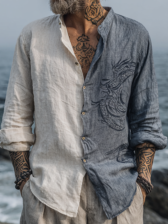 Men's Viking-Inspired Two-Tone Linen Long Sleeve Shirt / Rvogue / Rvogue