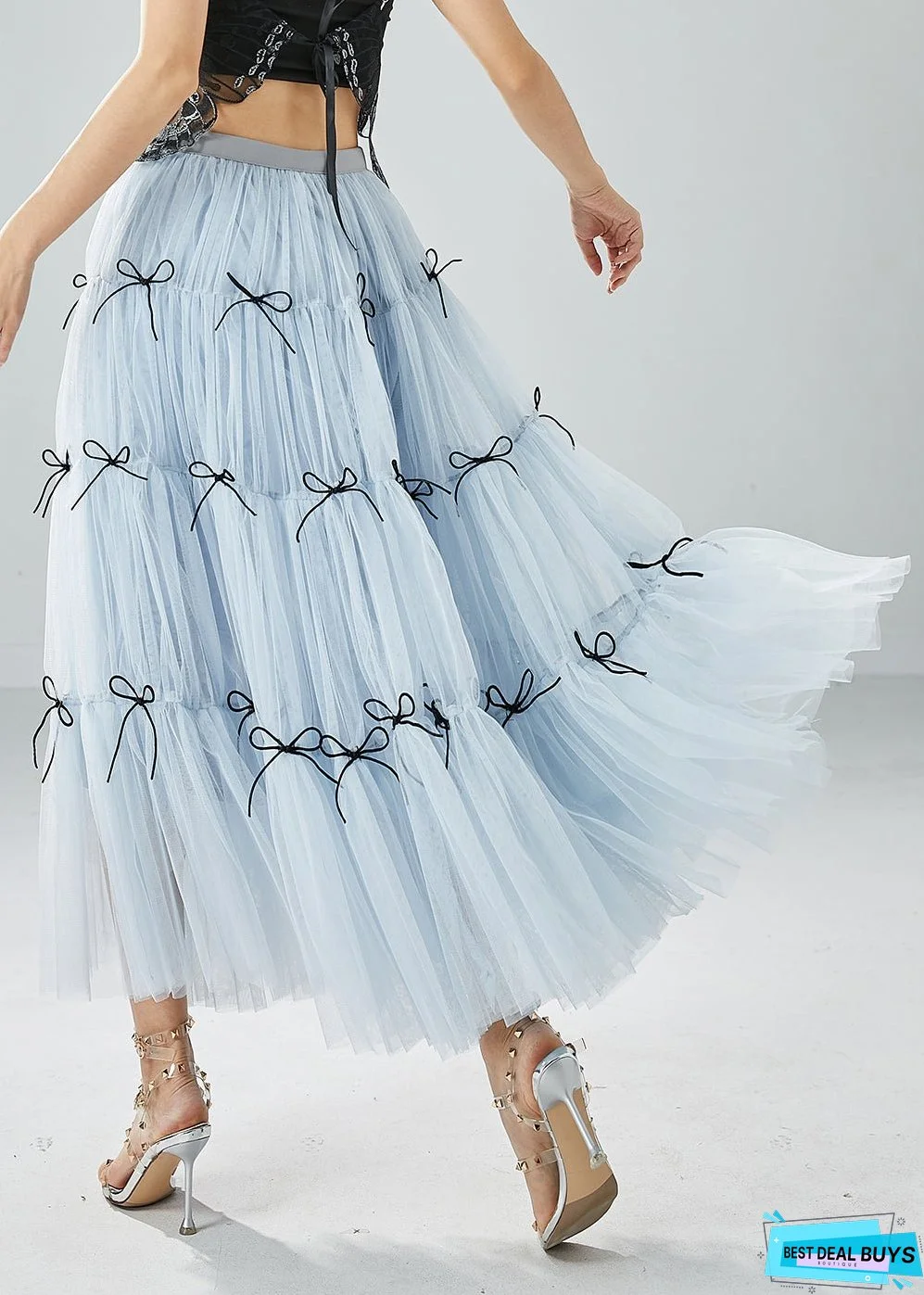 Women Sky Blue High Waist Patchwork Bow Tulle Skirt Summer