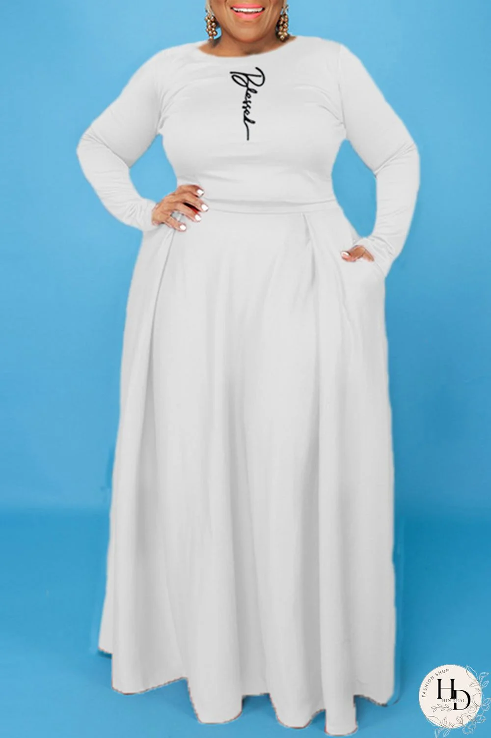 White Casual Print Patchwork O Neck Plus Size Two Pieces