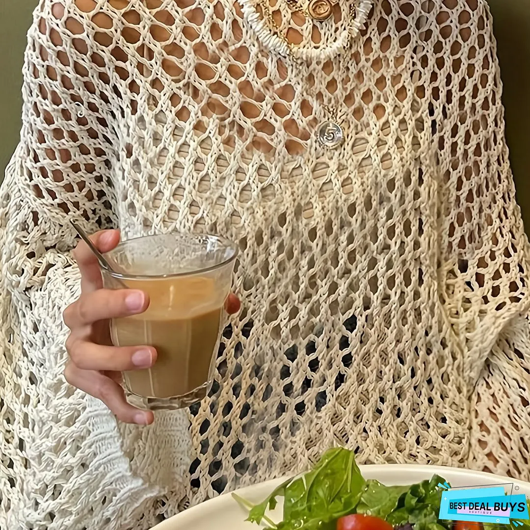 Crochet Cut Out Cover Up Top, Y2K Long Sleeve Crew Neck Top, Women's Clothing