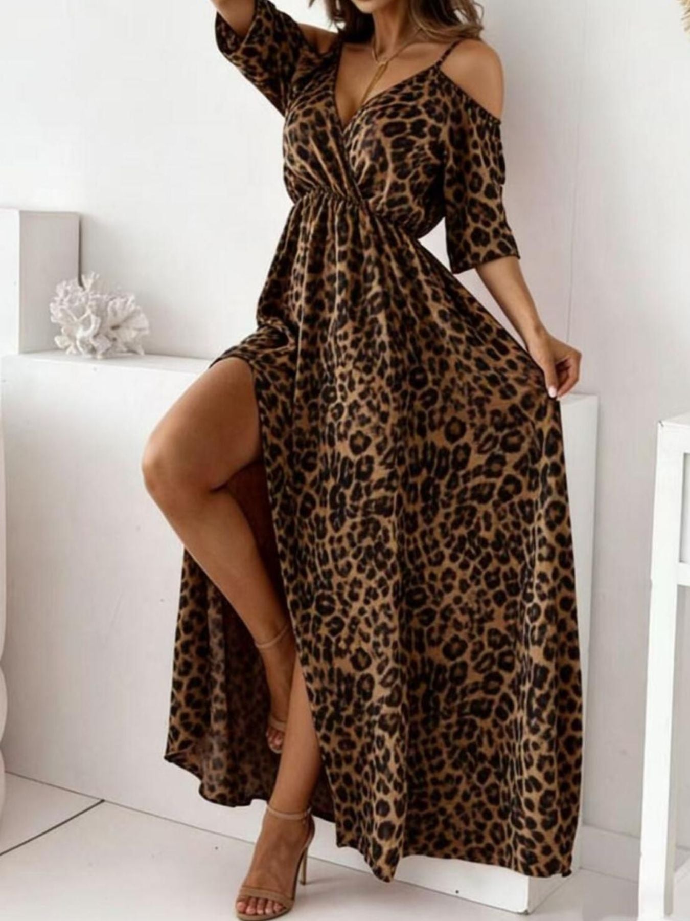 Leopard Print Cold Shoulder Slit Maxi Dress mysite idetrend