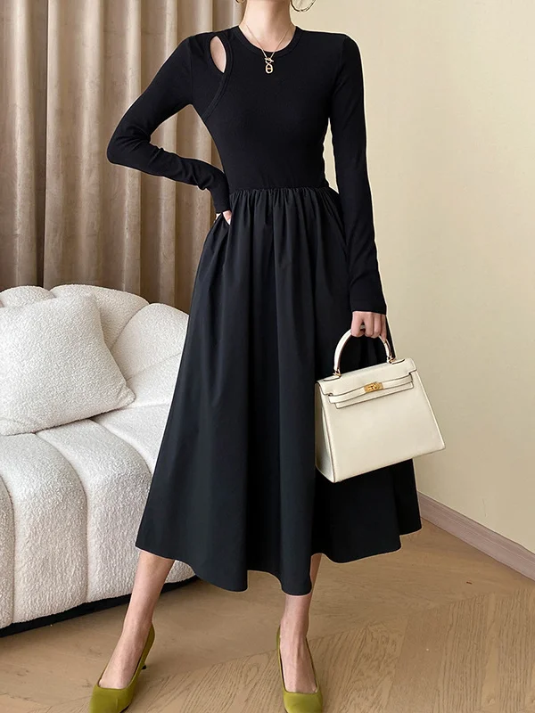 A-Line Long Sleeves Elasticity Hollow Solid Color Split-Joint Round-Neck Midi Dresses