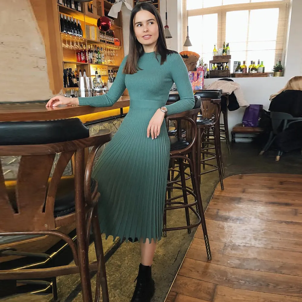 Brownm Brownm Autumn And Winter Hot New Fashion Women's Clothing Long Sweater Knitted Pure Color Bajamas Dress